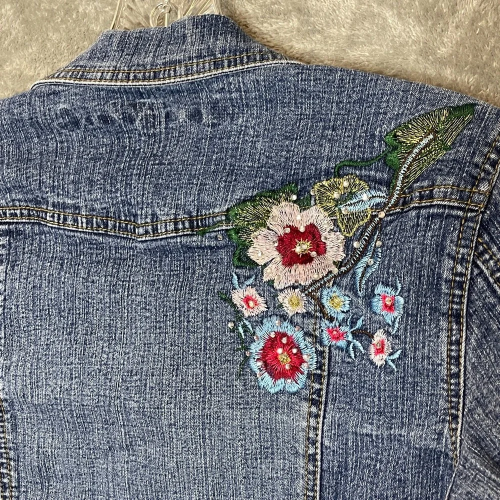 Arizona‎ Jeans Girls Classic 90s Embroidered Flowers Denim Trucker Jacket L Blue